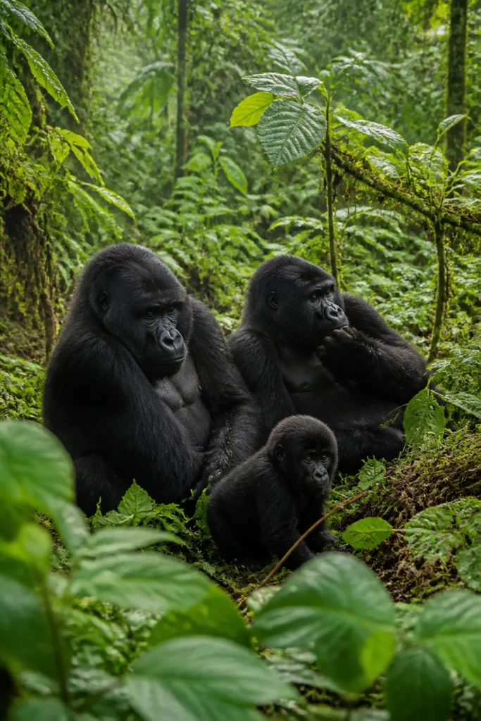 Mountain gorillas resting among dense forest vegetation