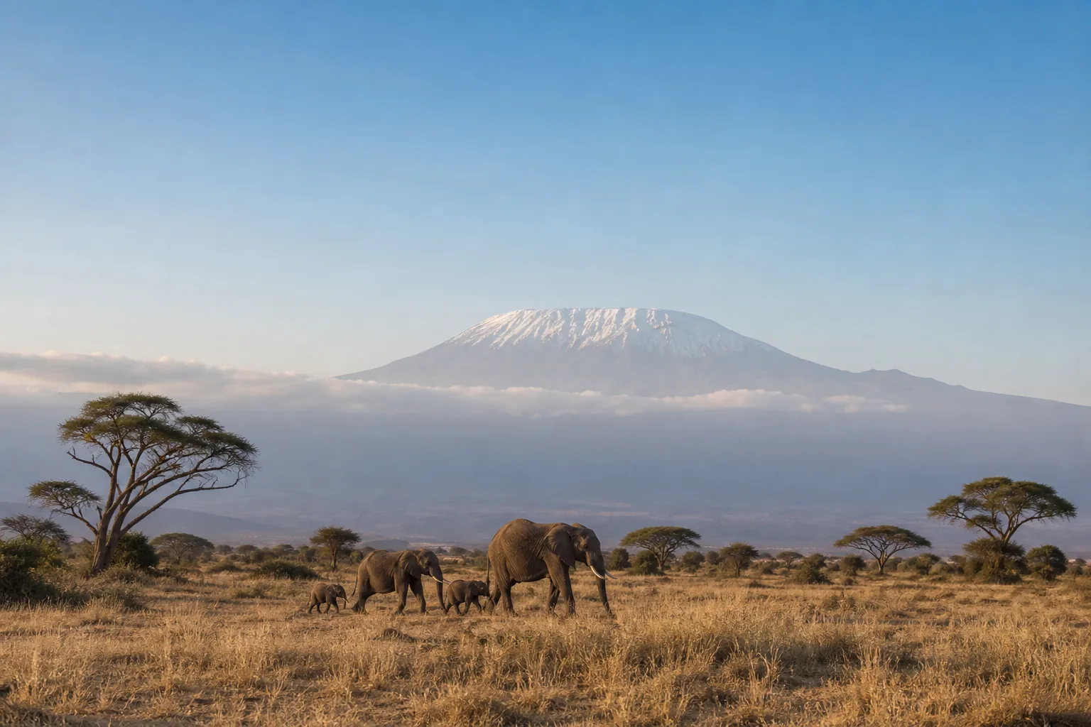Elephants crossing open grassland with Mount Kilimanjaro beyond